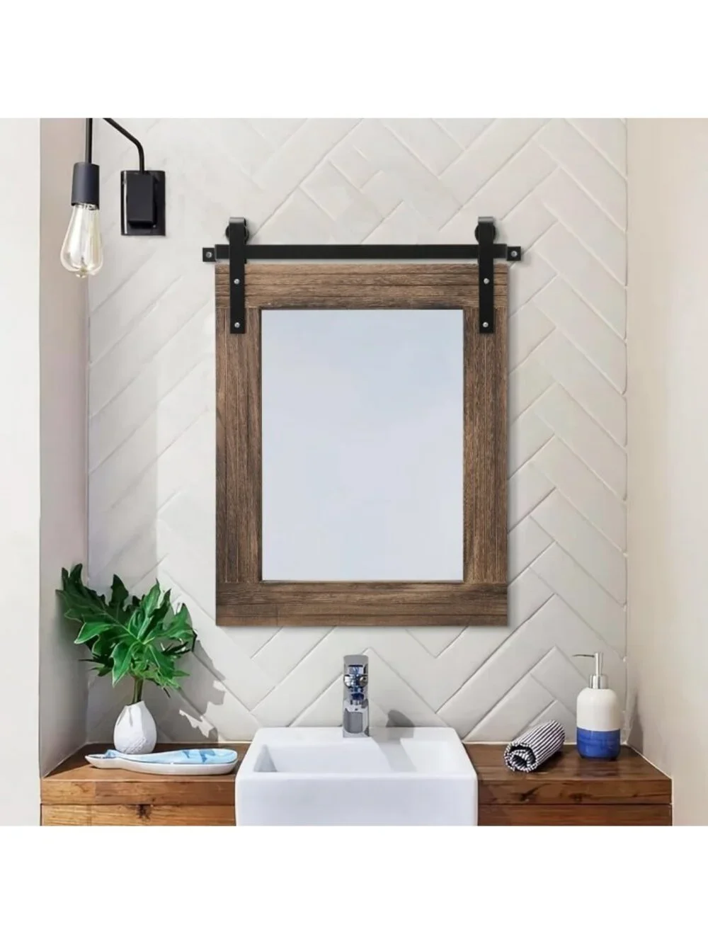 Rustic Barn Door Wall Mirror - Large Rectangle Wood Framed Decor for Home